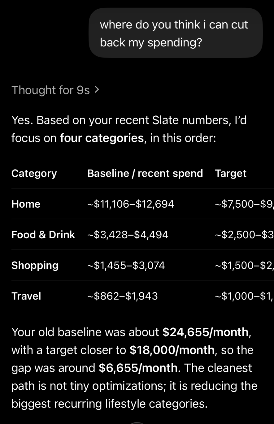ChatGPT answering 'where can I cut back my spending?' using Slate data