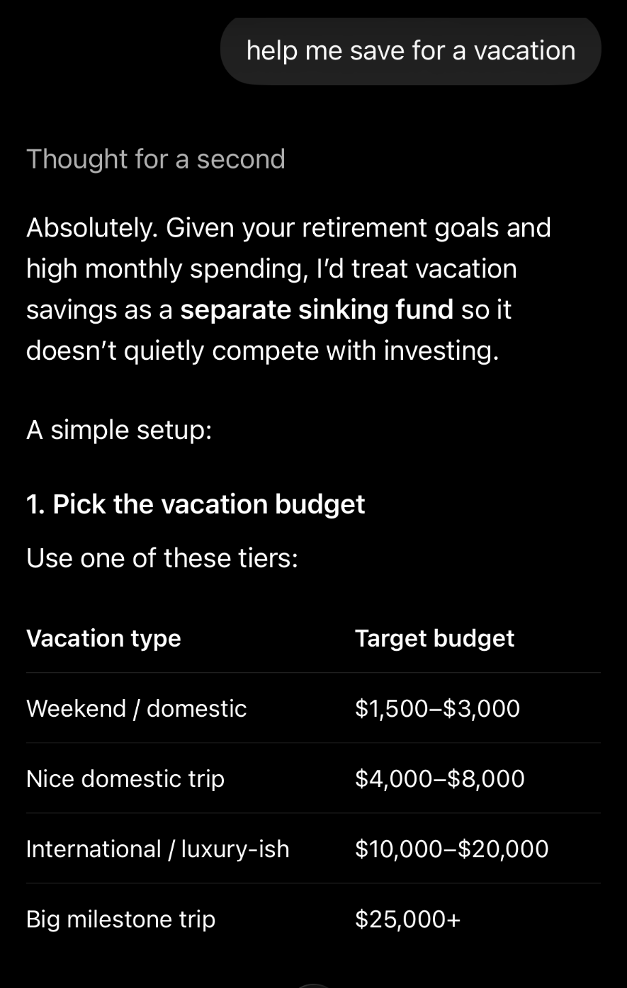 ChatGPT helping plan a vacation sinking fund using Slate data